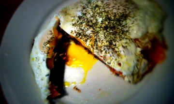 Black Bean and Scallion Pancake with Eggs and Smoked Salmon